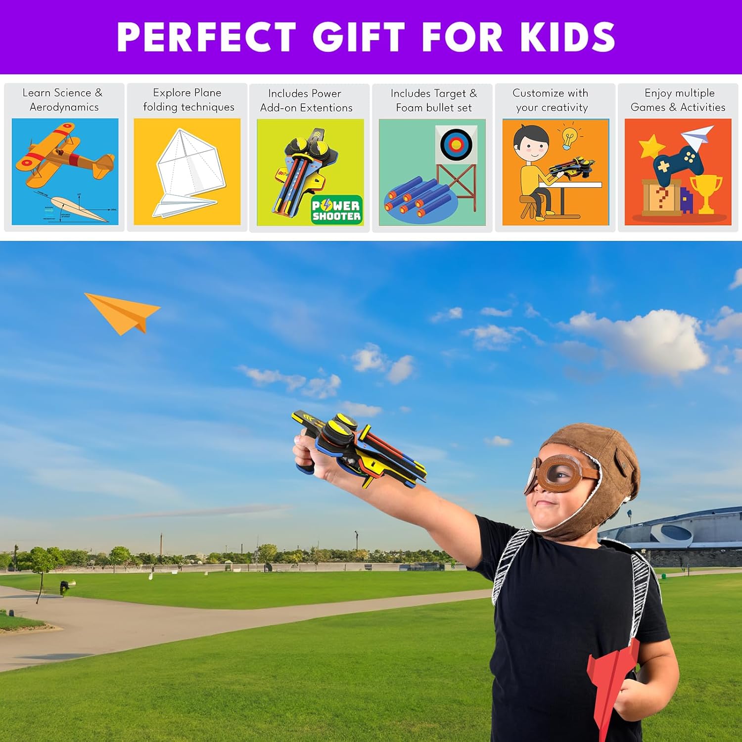 BE CRE8V Motorized Plane Launcher & Power Shooter Kit: STEAM Toy for Ages 8+ - Learn Aerodynamics, Electronics, and More!