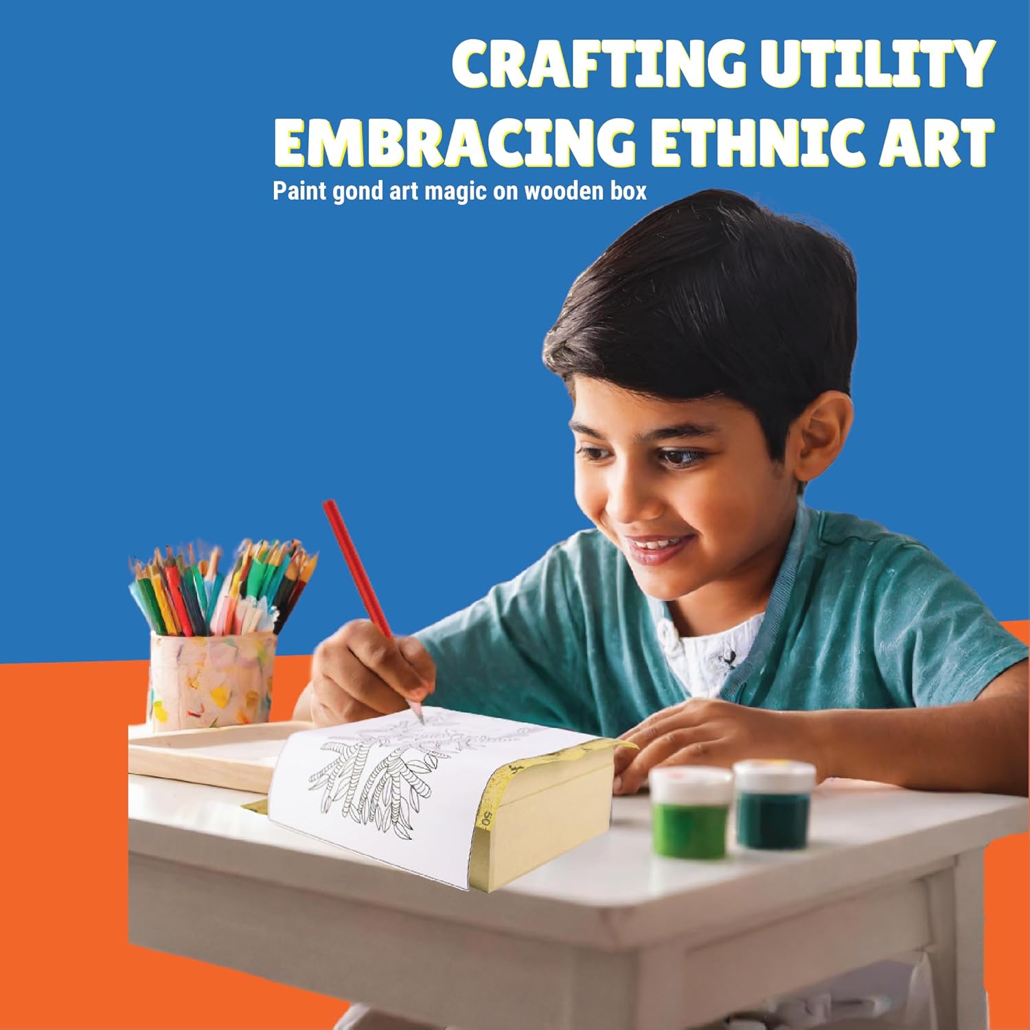 Kalakaram DIY Gond Painting Utility Box Kit, Indian Ethnic Art Form Painting Kit, Cultural Education & Indian History Kit with Bonus Written Material Explaining the Origin, Techniques, and Relevance of this Art Form, Foster Creativity & Self-expression in