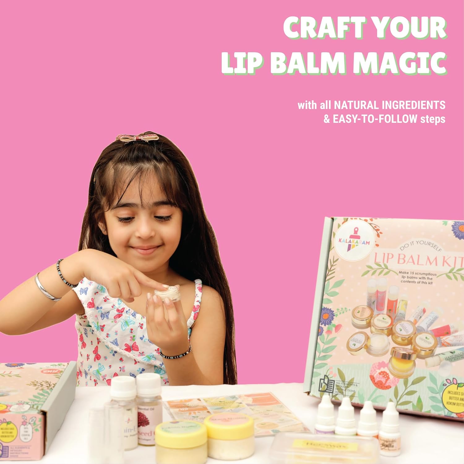 Kalakaram DIY Lip Balm Making Kit - Make 15 Lip Balms with Shea Butter, Kokum Butter, Beeswax, Vitamin E Oil, Grape seed Oil and 4 Pure Essential Oils, DIY Kit for Kids, Activity Kit for Kids