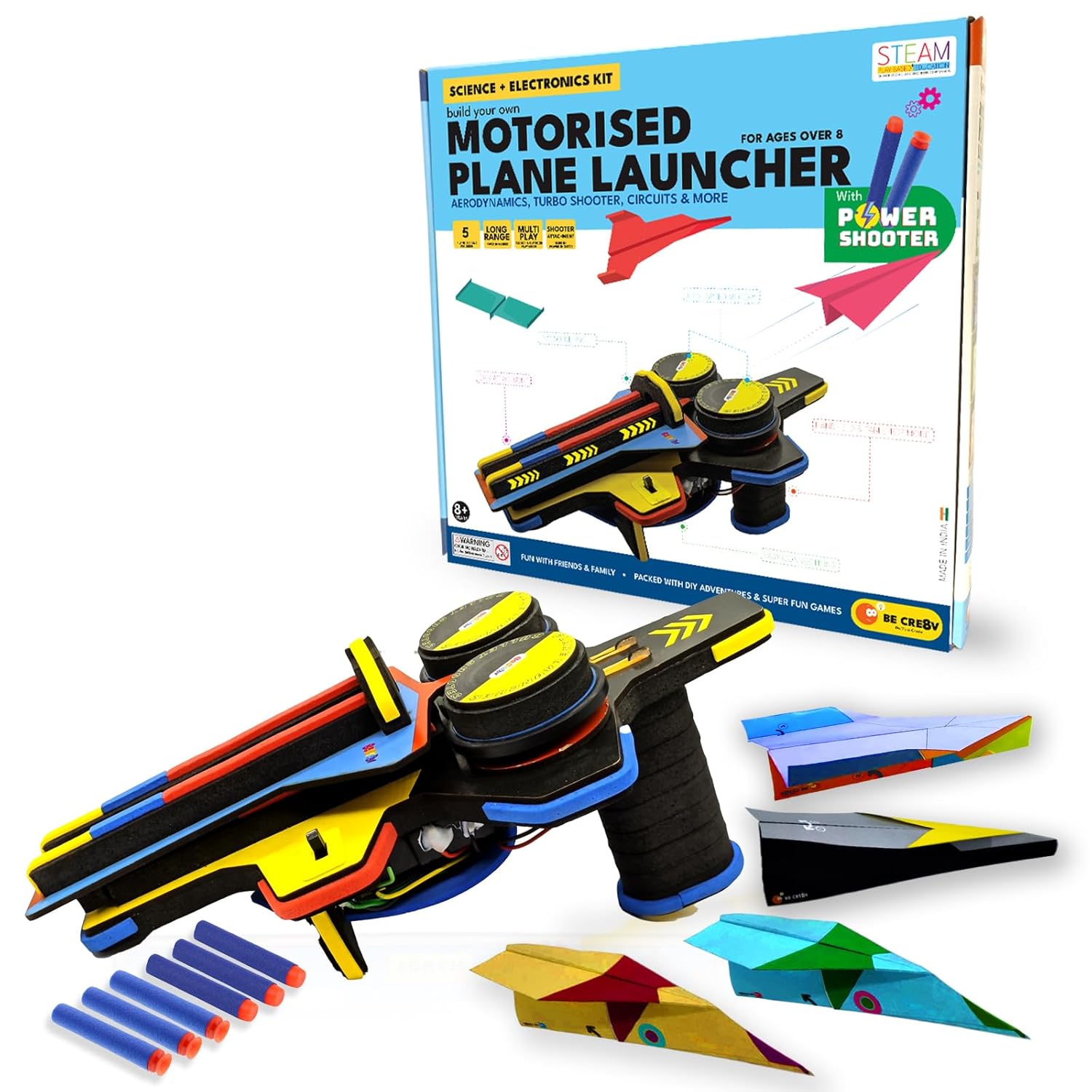 BE CRE8V Motorized Plane Launcher & Power Shooter Kit: STEAM Toy for Ages 8+ - Learn Aerodynamics, Electronics, and More!