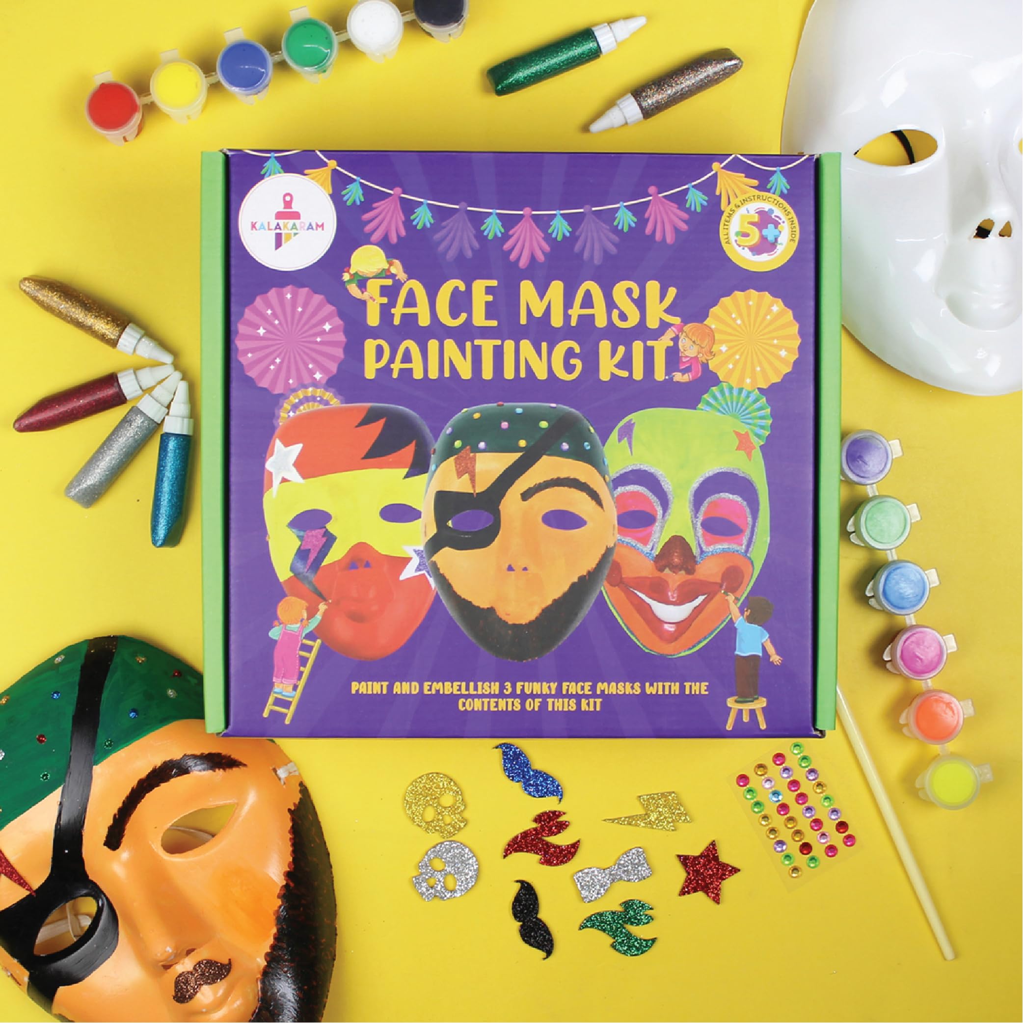 Kalakaram DIY Face Mask Painting Kit, Painting Kit for Kids, Create Your Own Customised Face Masks Using Paints, Cool & Funky Stickers and Embellishments, DIY Kits for Kids, Activity Kit for Kids