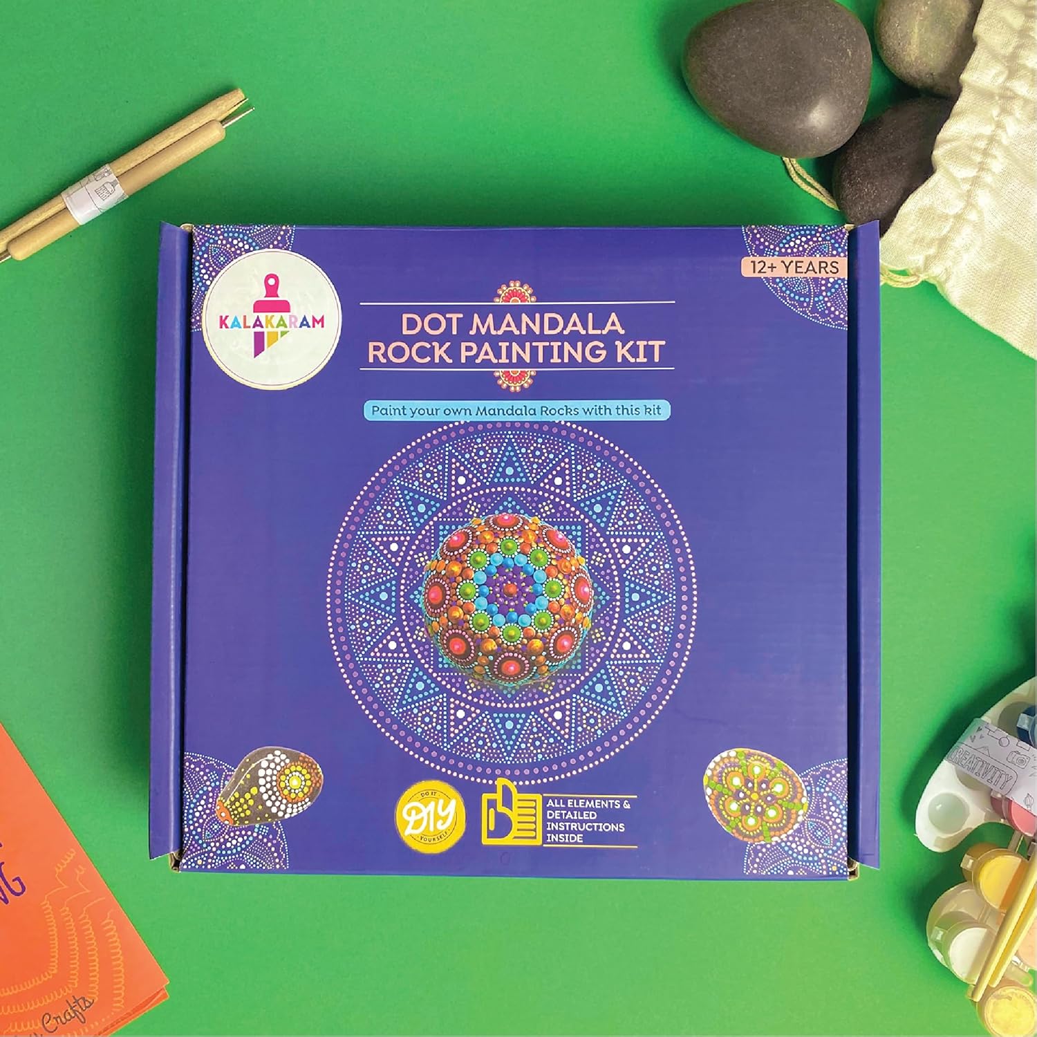 Kalakaram DIY Dot Mandala Art Rock Painting Kit, Create a Mandala Design on Rocks With 3 Large Re-useable River Rocks, Set of 4 Dotting Tools, Indian Ethnic Art Form, DIY Painting Kit, DIY Kit for Kids & Adults, Activity Kit for Kids