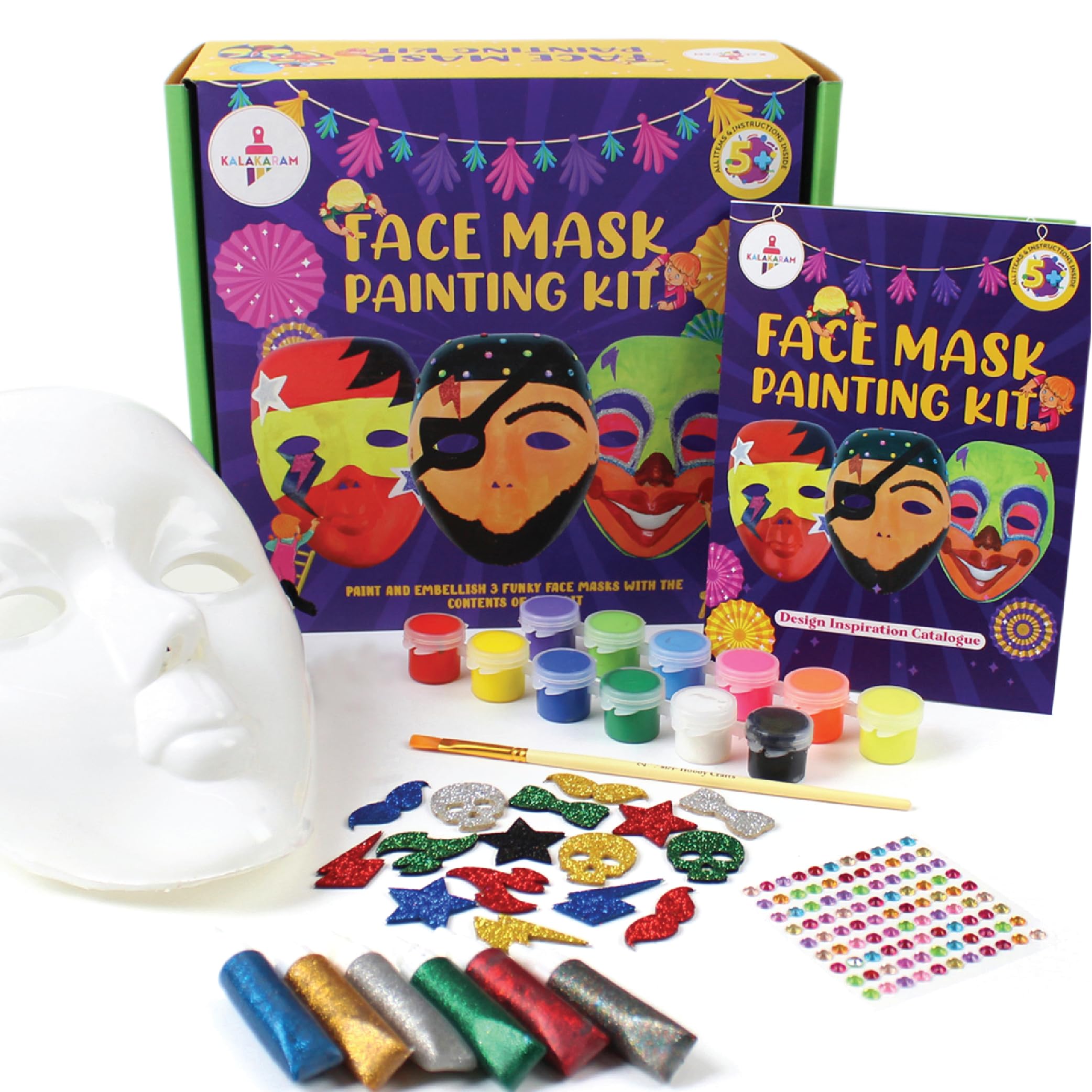 Kalakaram DIY Face Mask Painting Kit, Painting Kit for Kids, Create Your Own Customised Face Masks Using Paints, Cool & Funky Stickers and Embellishments, DIY Kits for Kids, Activity Kit for Kids