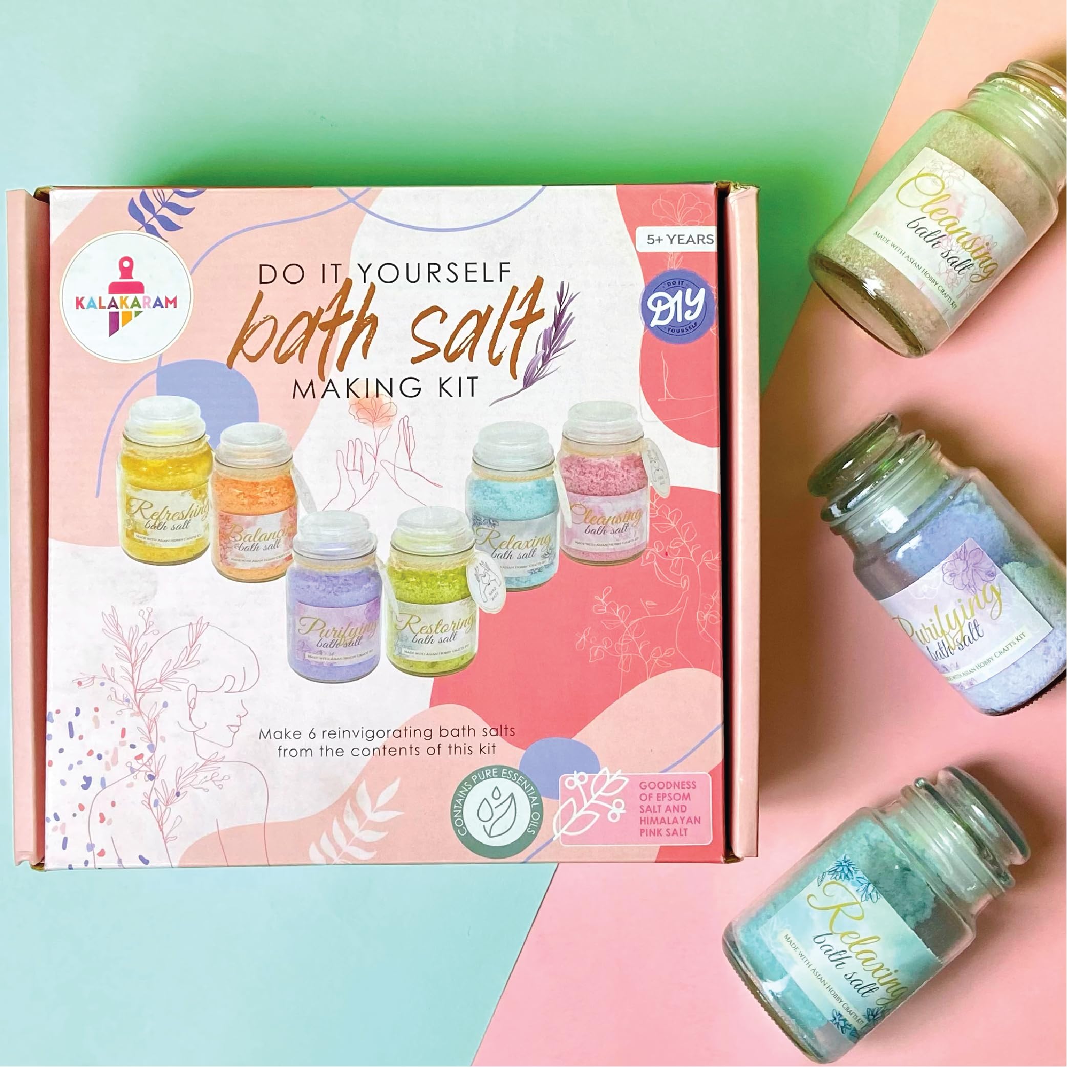 Kalakaram DIY Bath Salt Making Kit - Create 6 Reinvigorating Bath Salt Jars Using the Goodness of Epsom Salt, Healing properties of Himalayan Pink Salt, Baking Soda and 6 Pure Essential Oils (Rose, Lavender, Lemongrass, Tea Tree, Jojoba and Eucalyptus), D