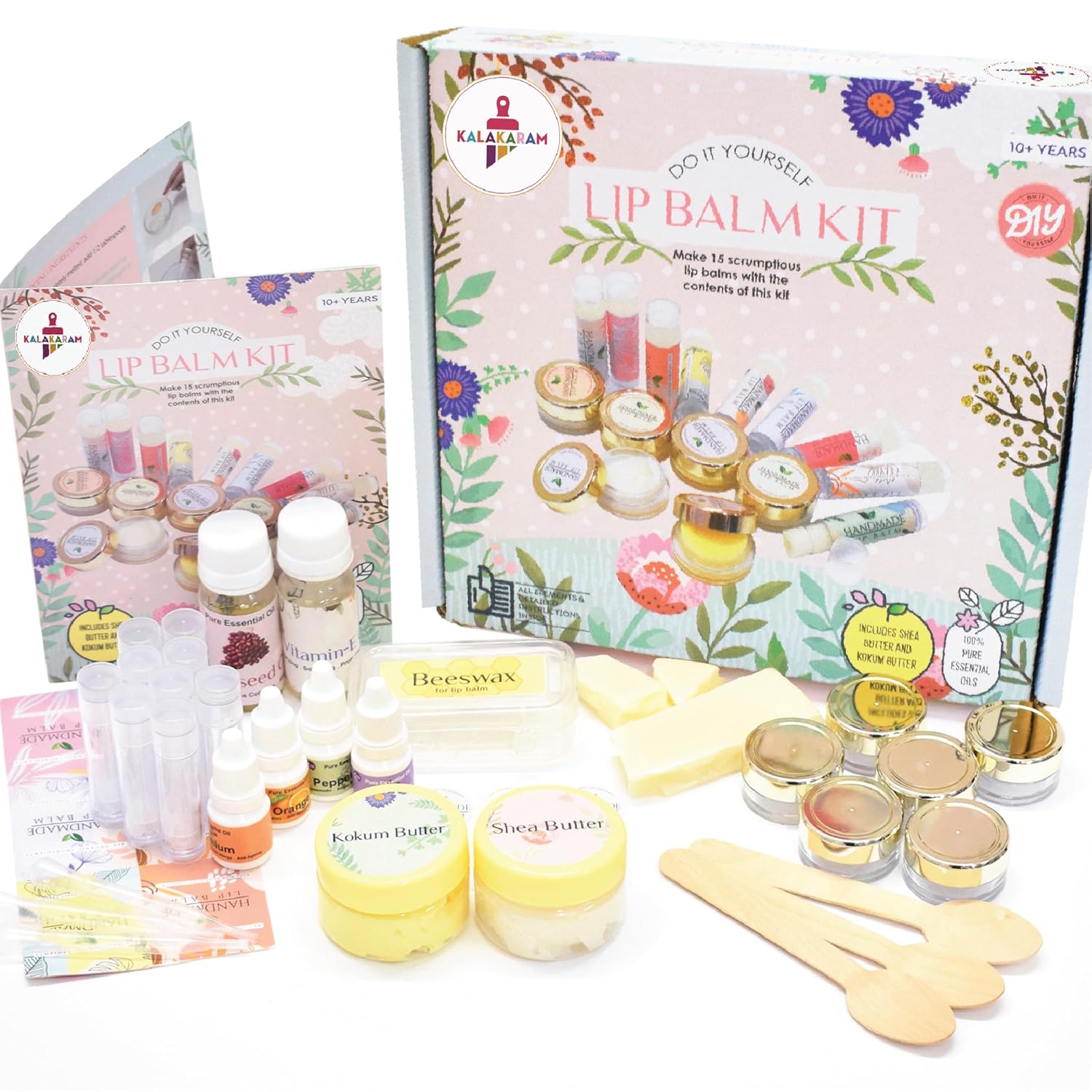 Kalakaram DIY Lip Balm Making Kit - Make 15 Lip Balms with Shea Butter, Kokum Butter, Beeswax, Vitamin E Oil, Grape seed Oil and 4 Pure Essential Oils, DIY Kit for Kids, Activity Kit for Kids