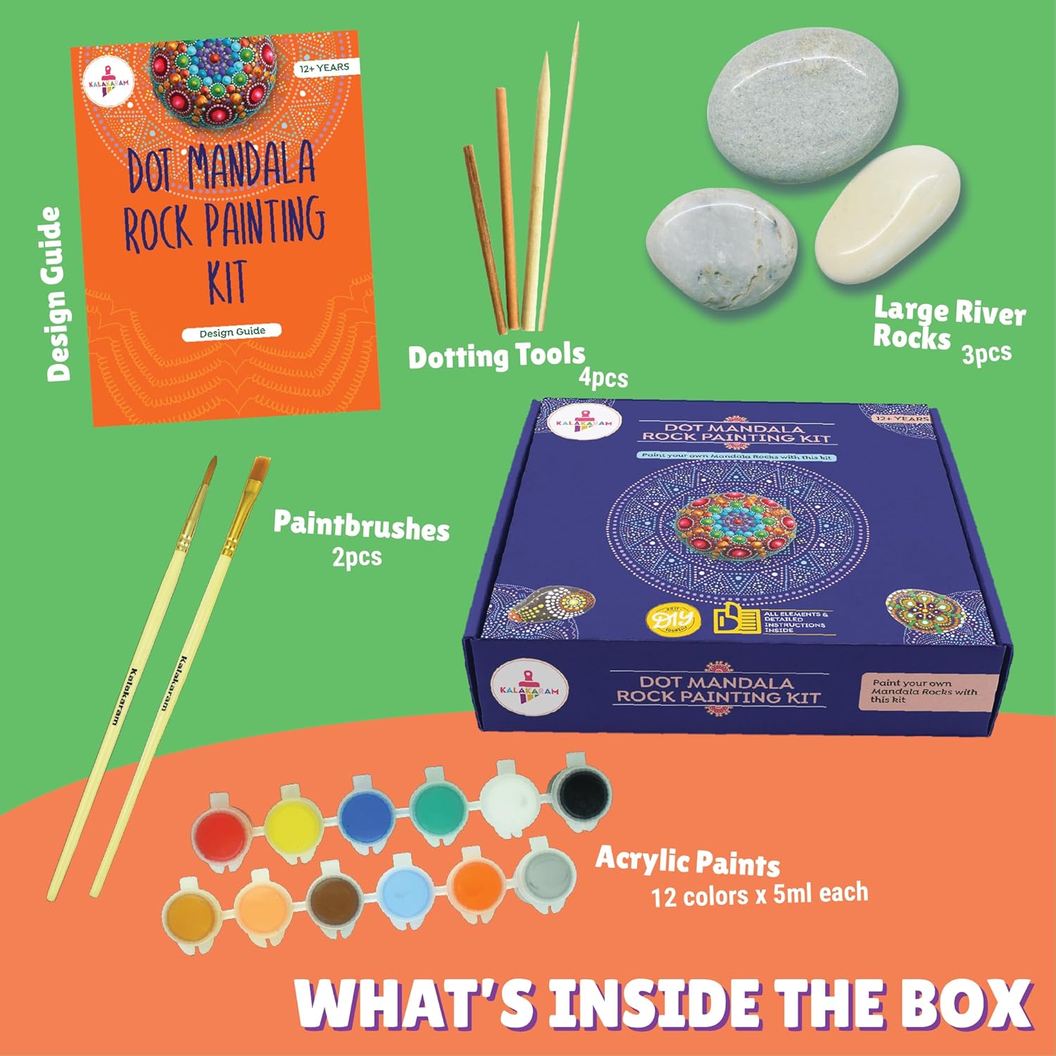 Kalakaram DIY Dot Mandala Art Rock Painting Kit, Create a Mandala Design on Rocks With 3 Large Re-useable River Rocks, Set of 4 Dotting Tools, Indian Ethnic Art Form, DIY Painting Kit, DIY Kit for Kids & Adults, Activity Kit for Kids