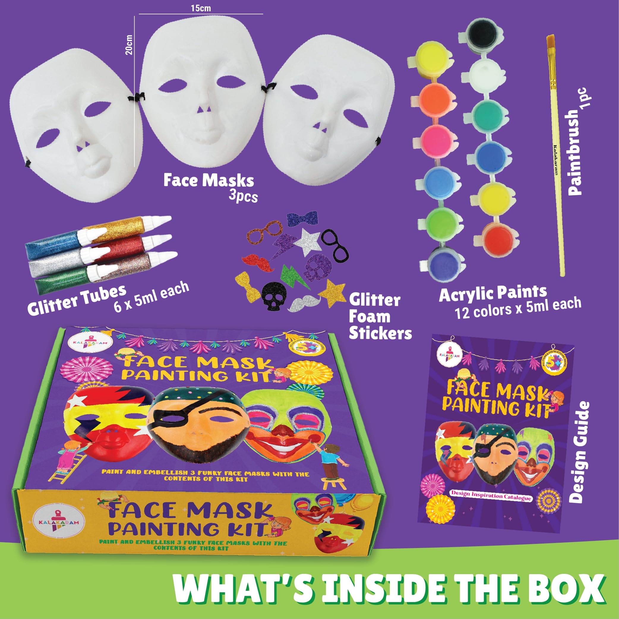 Kalakaram DIY Face Mask Painting Kit, Painting Kit for Kids, Create Your Own Customised Face Masks Using Paints, Cool & Funky Stickers and Embellishments, DIY Kits for Kids, Activity Kit for Kids