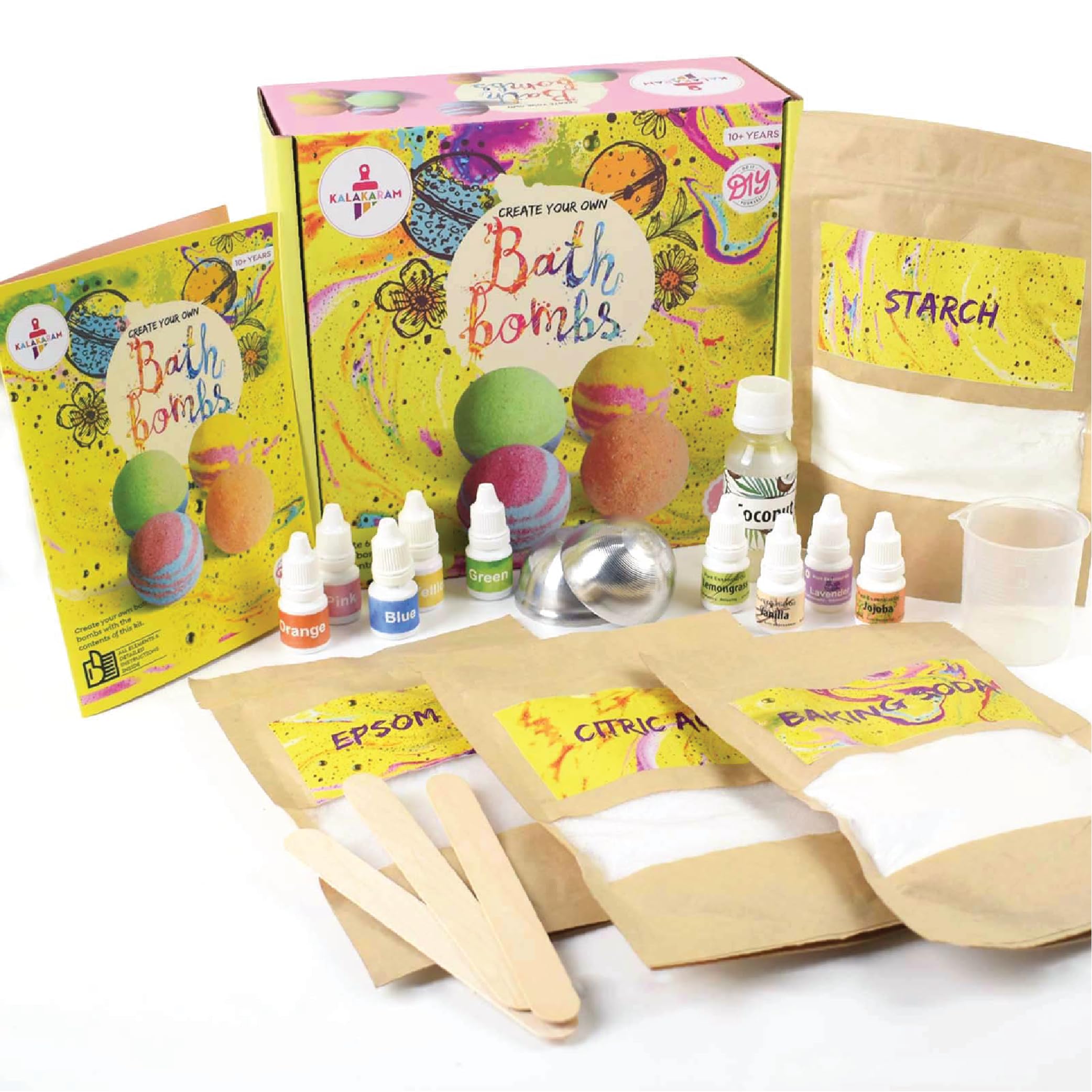 Kalakaram DIY Bath Bombs Making Kit - Craft 4 Rejuvenating Bath Bombs Using Exotic Essential Oils (Jojoba, Lemongrass, Lavender and Vanilla), Epsom Salt with Benefits Like Relieving Muscle Pain, Alleviating Stress and Many More, DIY Kit for Kids, Activity