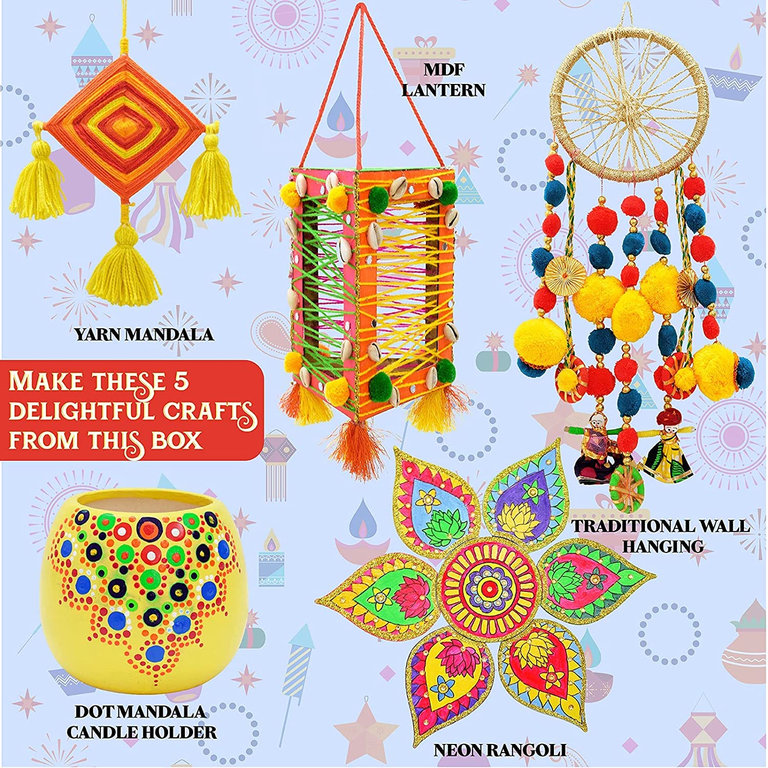 Kalakaram Diwali Delight Craft Activity Box, A Delightful Mix of 5 Craft Activities to Celebrate Diwali Festival, DIY Hobby Craft Kit for Kids and Adults, Festive Gift for Boys and Girls