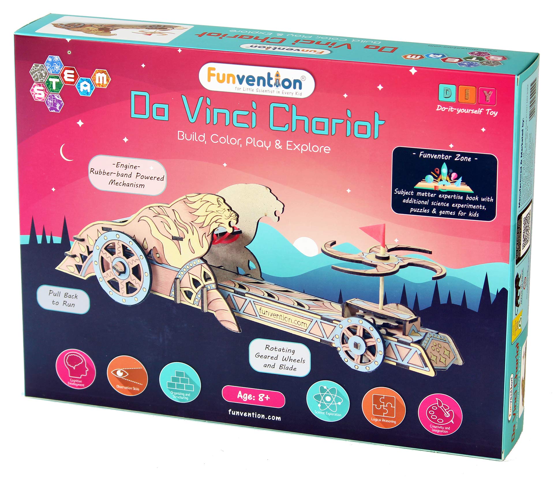 Funvention Da Vinci Chariot DIY Wooden Mechanical Model Science Educational Toy - STEM Learning Kit for Kids 3D Puzzle