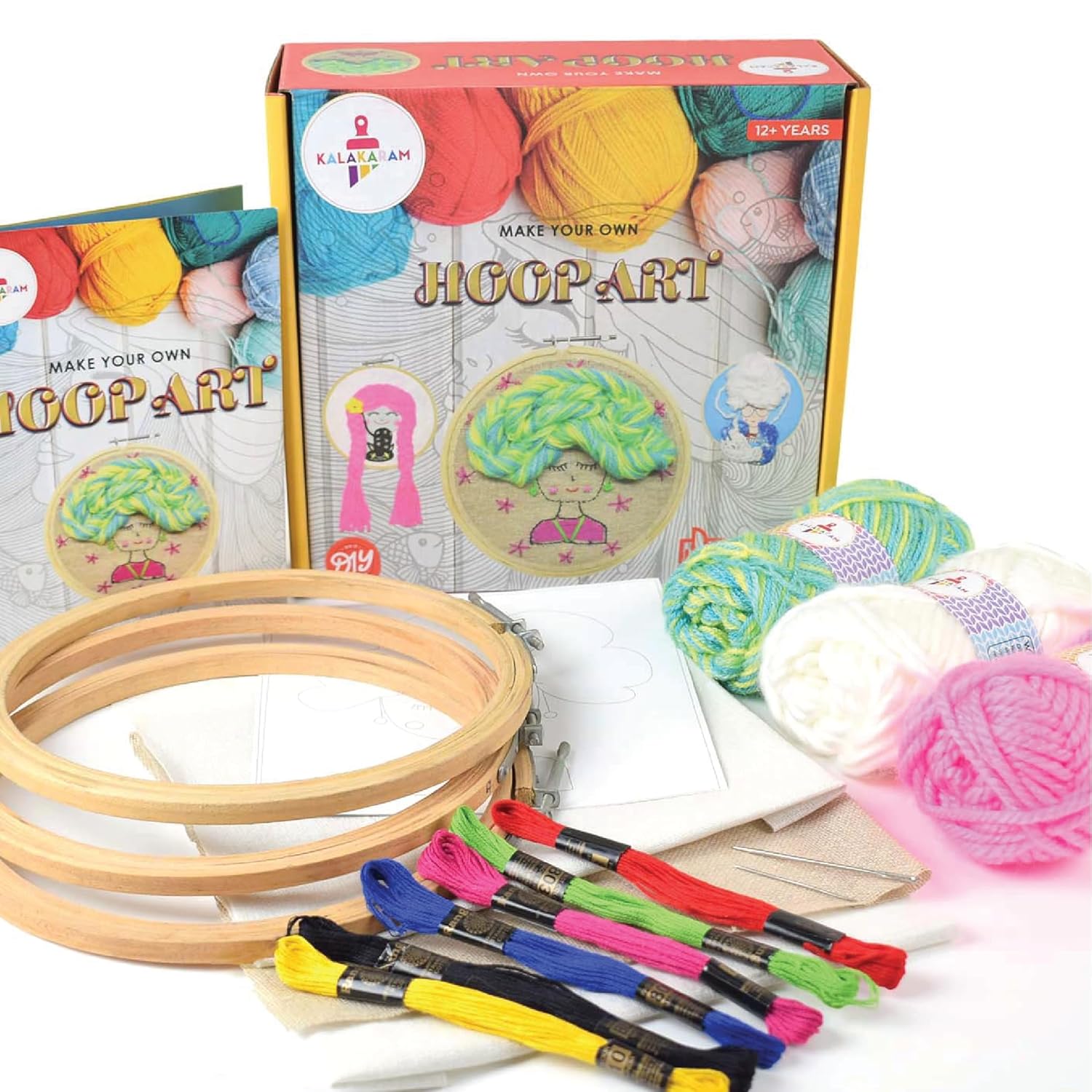 Kalakaram DIY Hoop Art Embroidery Kit, Craft 3 Stunning Hoop Art Designs Using Embroidery Hoops, Knitting Threads, Wool Yarns, Casement Fabric, Sewing Needles, Design Templates and Carbon Paper, DIY Kit for Kids & Adults, Activity Kit for Kids, Craft Kit