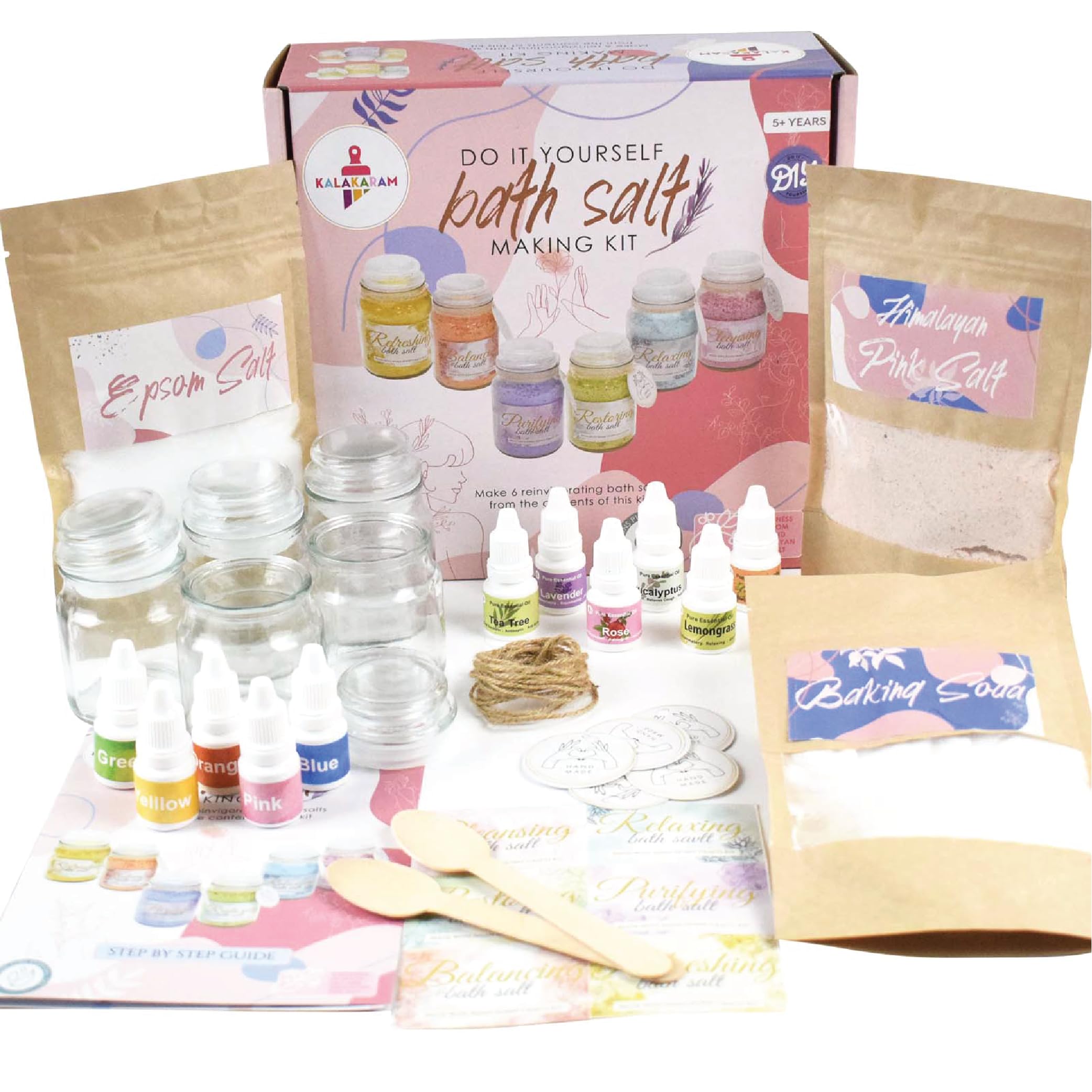 Kalakaram DIY Bath Salt Making Kit - Create 6 Reinvigorating Bath Salt Jars Using the Goodness of Epsom Salt, Healing properties of Himalayan Pink Salt, Baking Soda and 6 Pure Essential Oils (Rose, Lavender, Lemongrass, Tea Tree, Jojoba and Eucalyptus), D