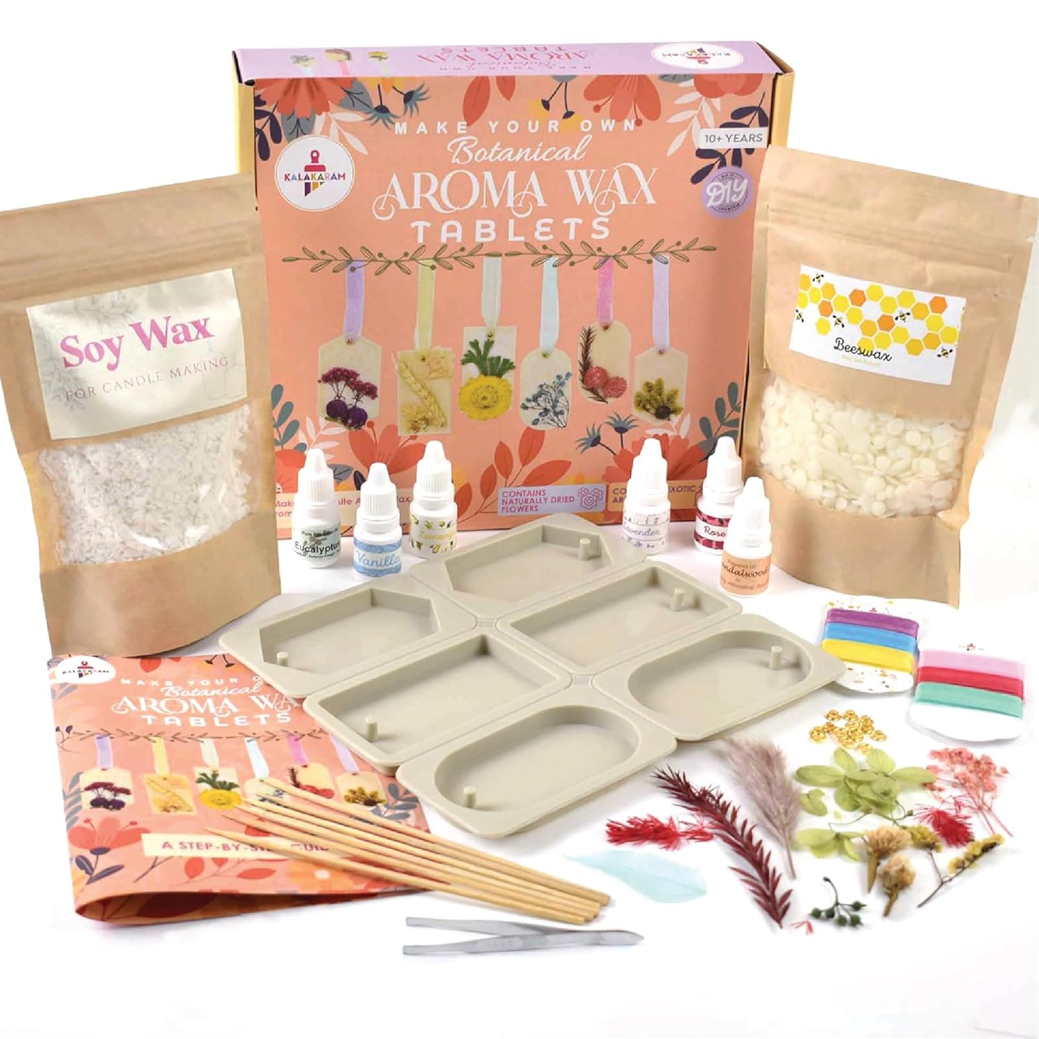 Kalakaram DIY Aroma Wax Tablet Making Kit - Create 6 Aroma wax tablets from this kit for freshening wardrobes, rooms, clothes and cars, Using 100% Natural Soy Wax & Beeswax, 6 Fragrance oils (Rose, Lavender, Lemongrass, Sandalwood, Eucalyptus, Vanilla) an