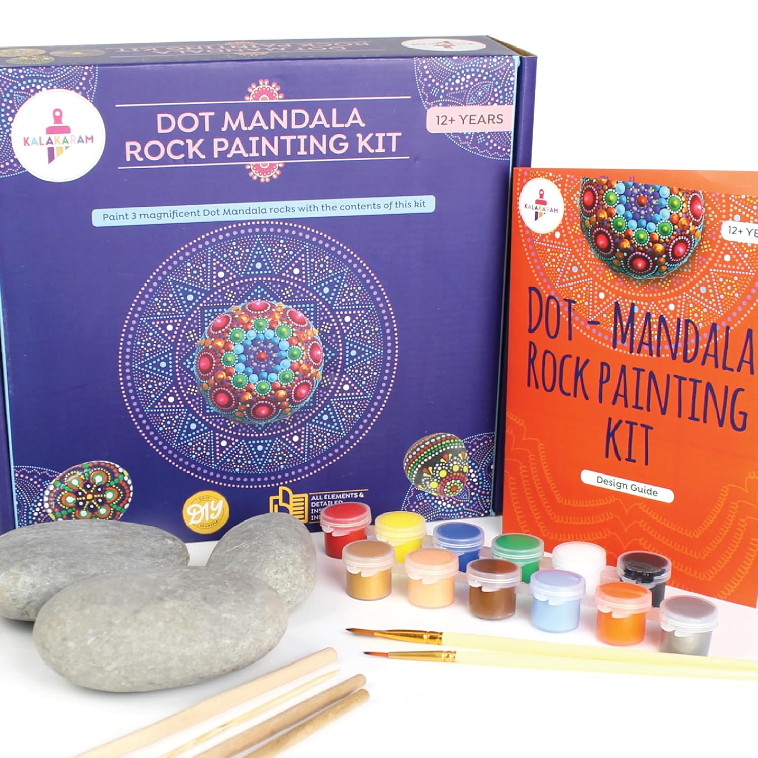 Kalakaram DIY Dot Mandala Art Rock Painting Kit, Create a Mandala Design on Rocks With 3 Large Re-useable River Rocks, Set of 4 Dotting Tools, Indian Ethnic Art Form, DIY Painting Kit, DIY Kit for Kids & Adults, Activity Kit for Kids