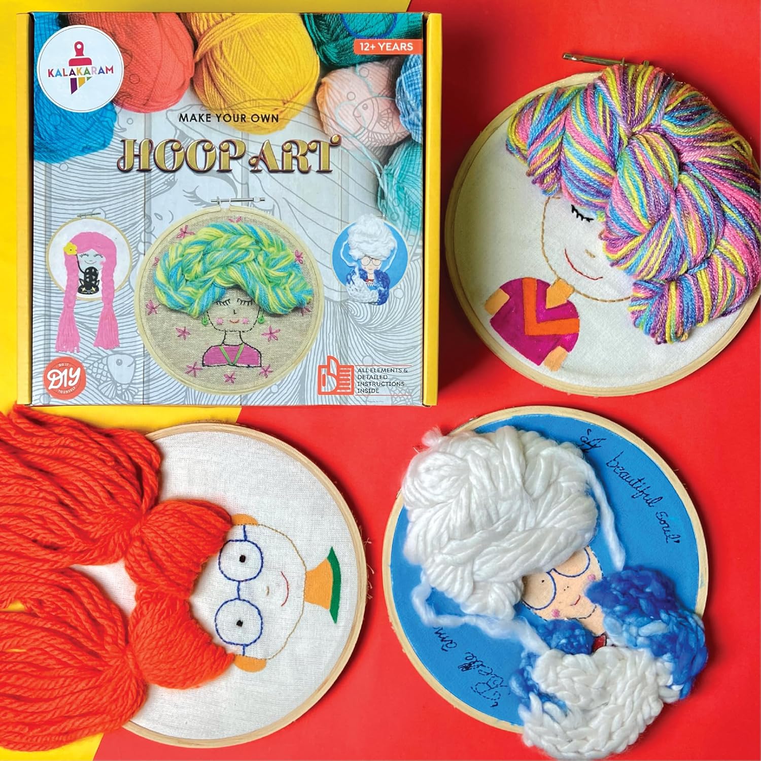 Kalakaram DIY Hoop Art Embroidery Kit, Craft 3 Stunning Hoop Art Designs Using Embroidery Hoops, Knitting Threads, Wool Yarns, Casement Fabric, Sewing Needles, Design Templates and Carbon Paper, DIY Kit for Kids & Adults, Activity Kit for Kids, Craft Kit