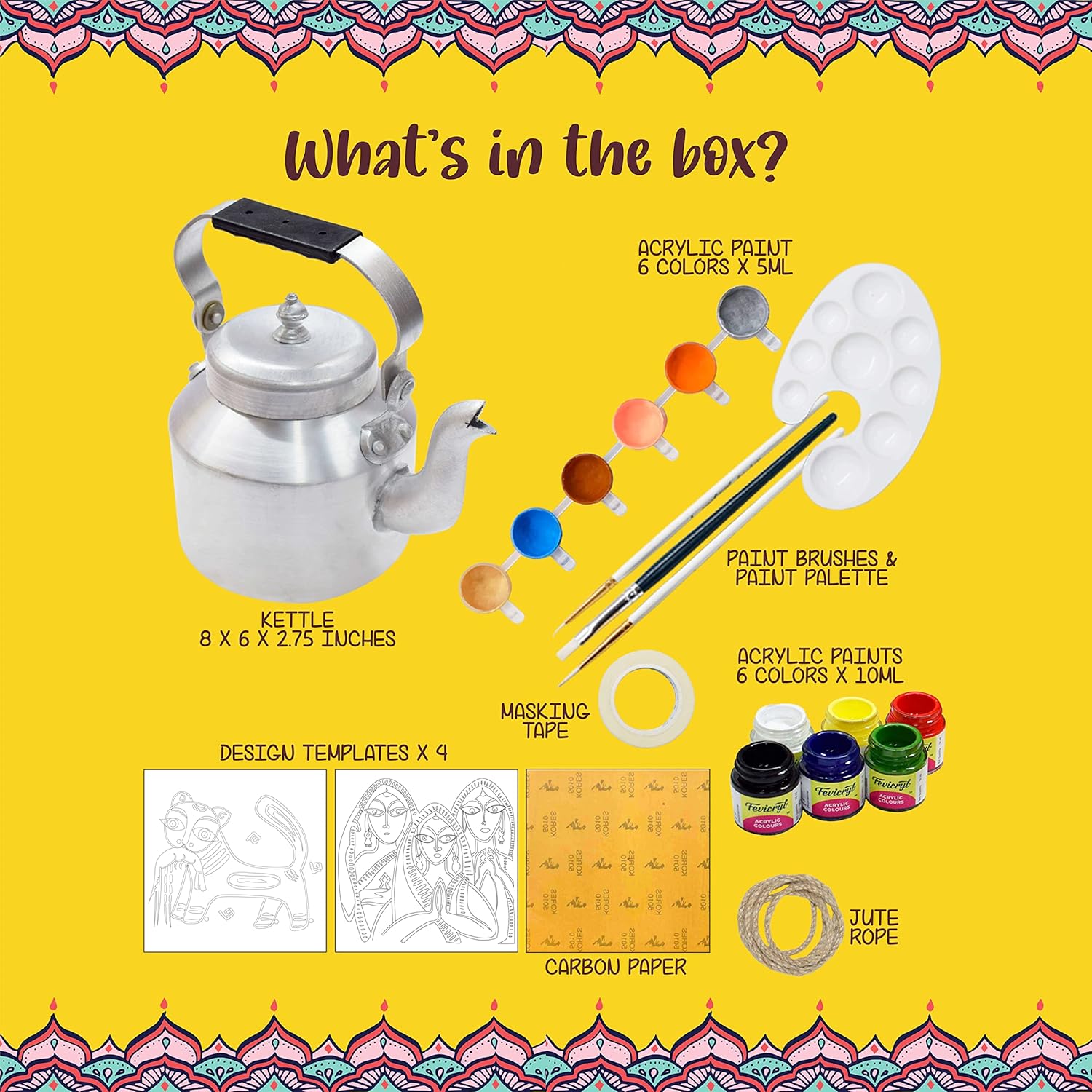 Kalakaram DIY Kalighat Kettle Painting Kit, Indian Ethnic Art Form Painting Kit, Cultural Education & Indian History Kit with Bonus Written Material Explaining the Origin, Techniques, and Relevance of this Art Form, Foster Creativity & Self-expression in